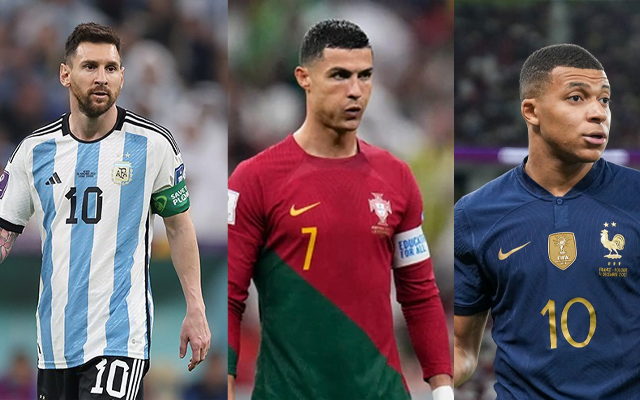 Lionel Messi (left), Cristiano Ronaldo (middle), and Kylian Mbappe (right)