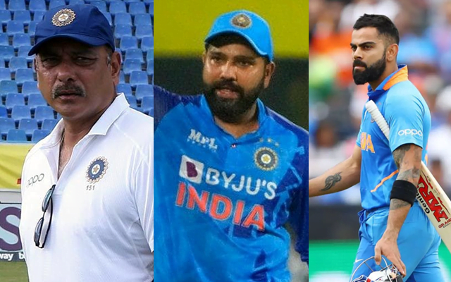 Ravi Shastri (left) Rohit Sharma (middle) and Virat Kohli (right)