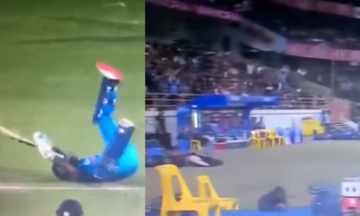 Suryakumar Yadav falling on field after smashing a six