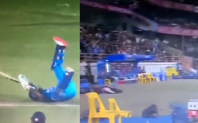 Suryakumar Yadav falling on field after smashing a six