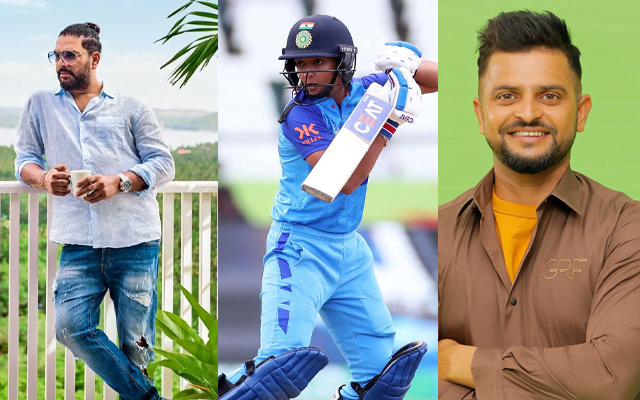 Yuvraj Singh (left), Harmanpreet Kaur (middle), and Suresh Raina (right)