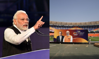 Narendra Modi (left) and Narendra Modi Stadium (right)