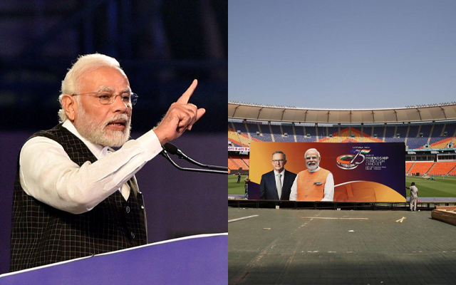 Narendra Modi (left) and Narendra Modi Stadium (right)