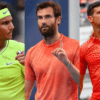 Rafael Nadal (left), Quentin Halys (middle), and Novak Djokovic (right)