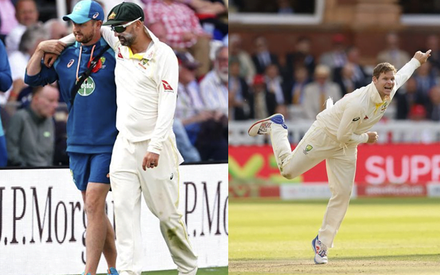 Nathan Lyon (left) and Steve Smith (right)